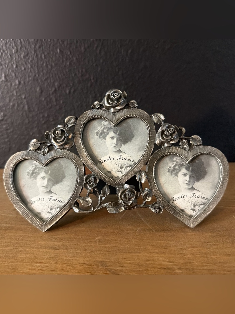 Vintage Pewter Triple Heart Photo Frame Ornate Victorian Rose Miniature Picture